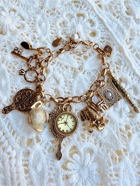Gold Charm Bracelet with Watch and Tea Set Charms